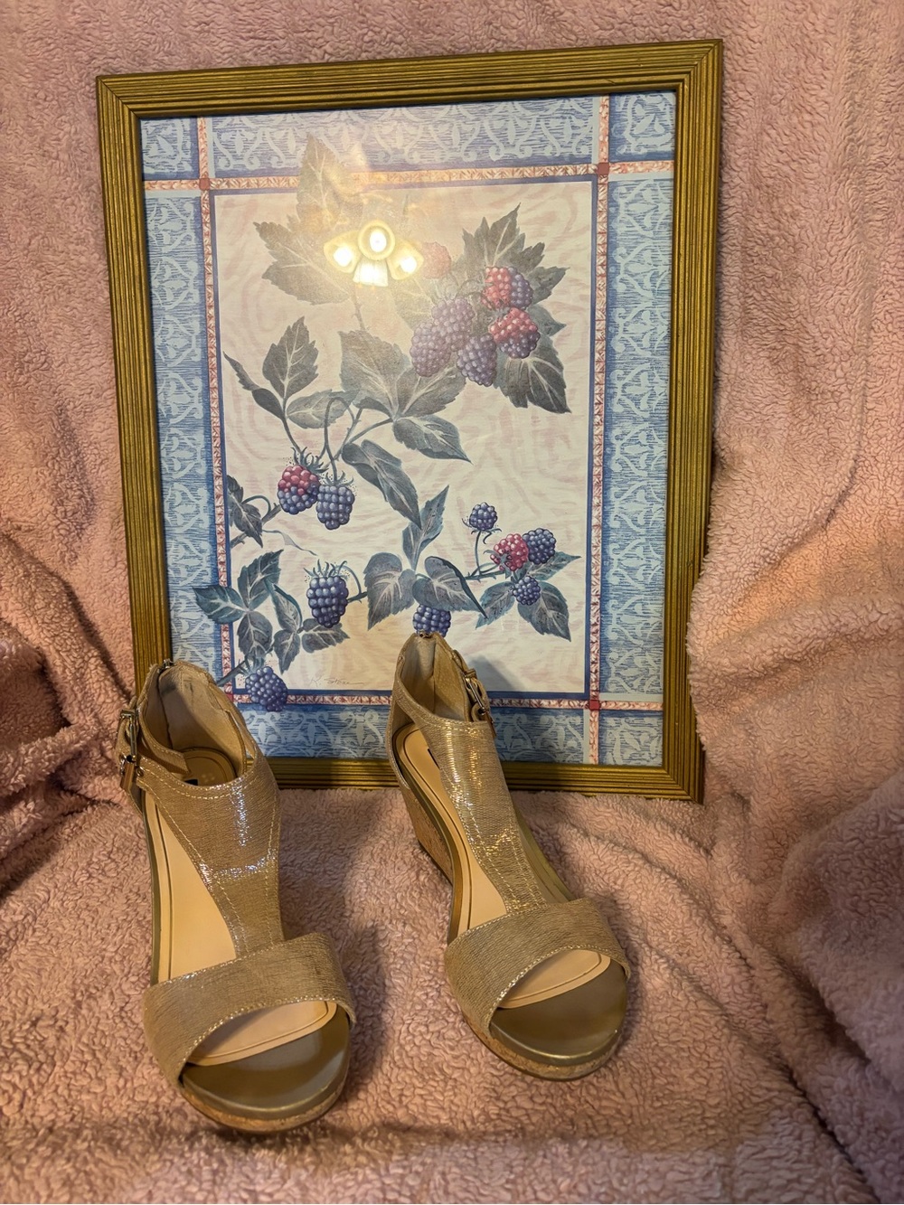 Alex Marie Shimmery Tan Wedge Sandals with Ankle Strap